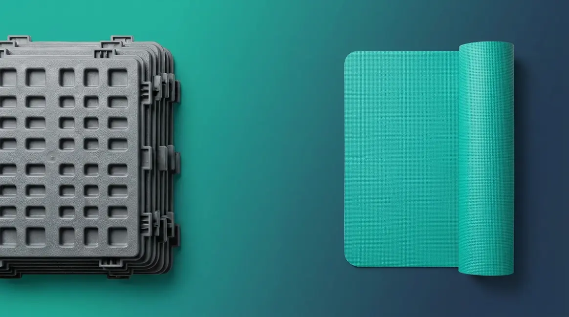 Best hot tub base pad comparison showing modular HDPE structural pad and EVA foam mat side by side