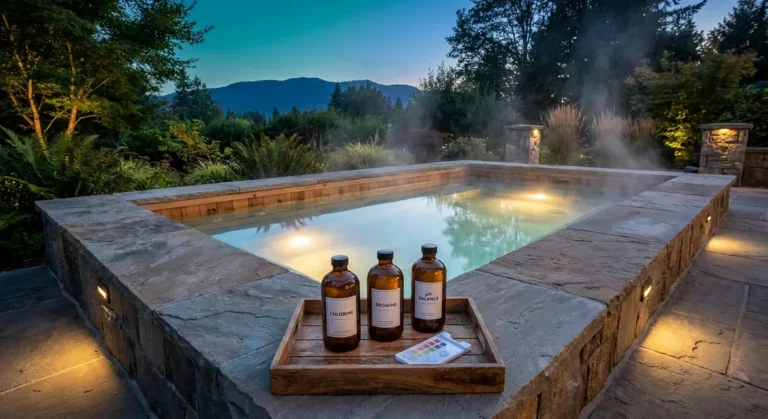 Best hot tub chemicals arranged on spa deck beside a clear steaming hot tub