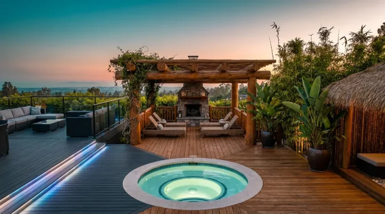 Home 2 Best hot tub deck ideas collage showing modern composite, rustic cedar, and tropical bamboo deck designs
