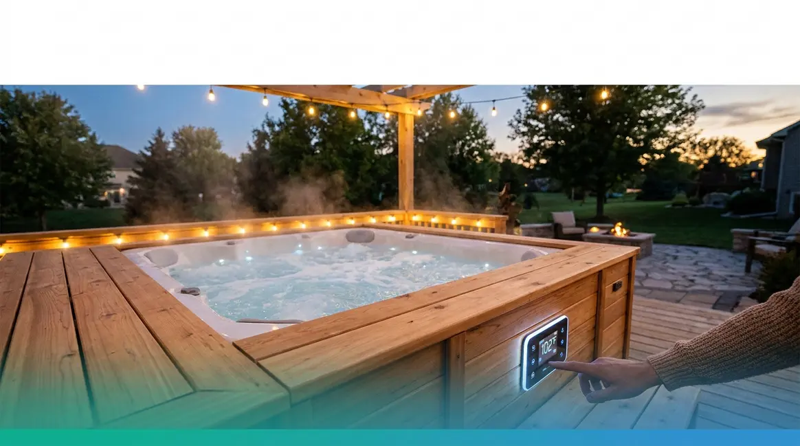 Best hot tub heater guide featuring a steaming outdoor spa with digital thermostat control panel