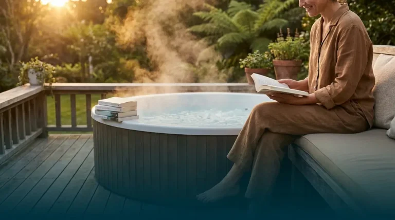 Person reading best hot tub heater guide book beside steaming outdoor spa on wooden deck