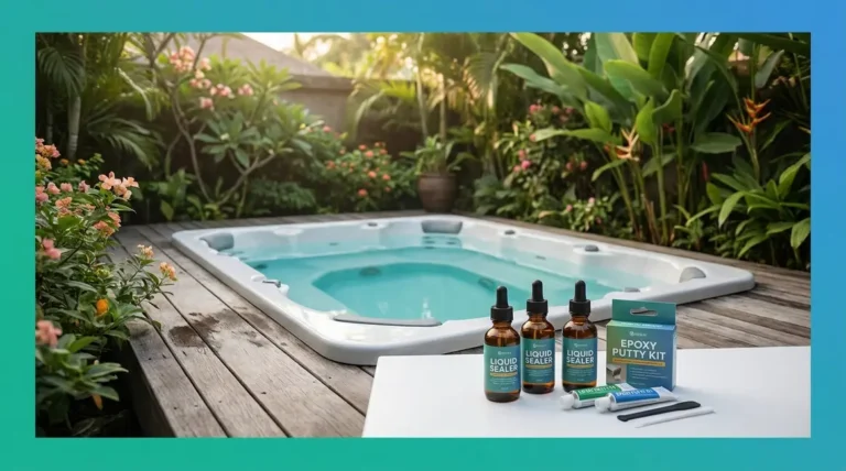 Best hot tub leak sealer products arranged beside a residential spa on a wooden deck