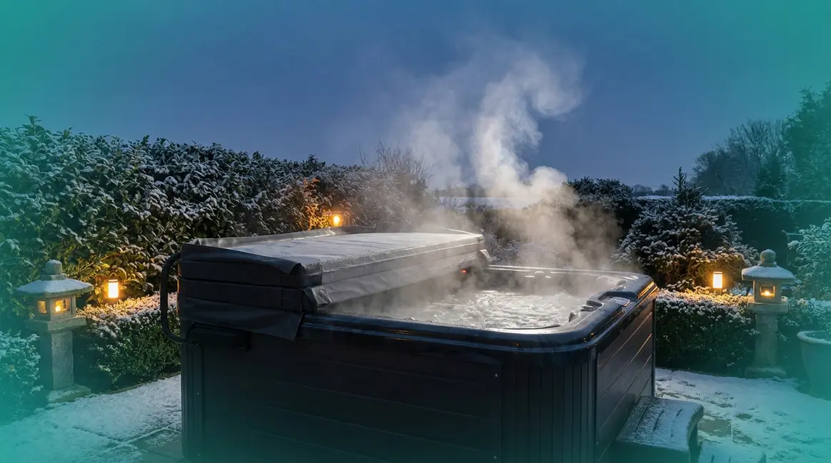Best hot tubs for winter UK — steaming hard-shell hot tub in a frost-covered British garden at dusk