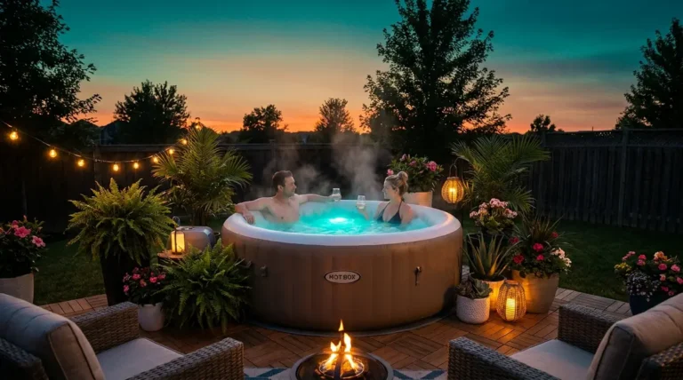 Home 2 Best plug and play hot tub set up on a backyard patio deck at dusk with steam rising