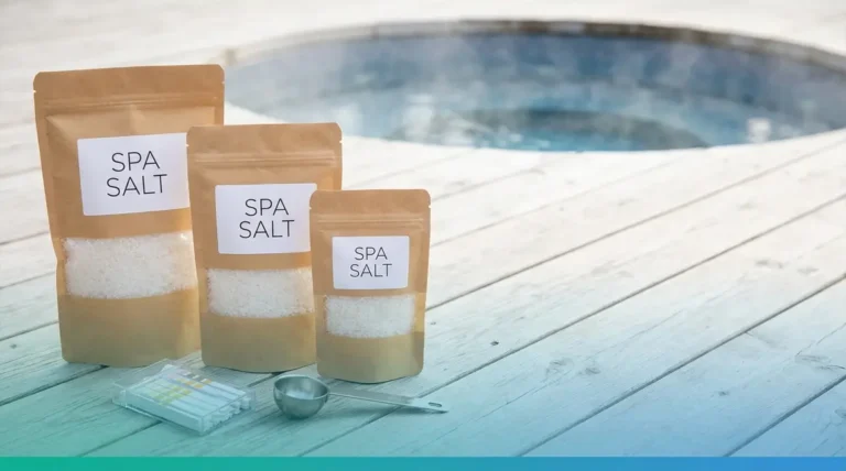 Best salt for hot tub — spa salt bags, test strips, and measuring scoop on a spa deck