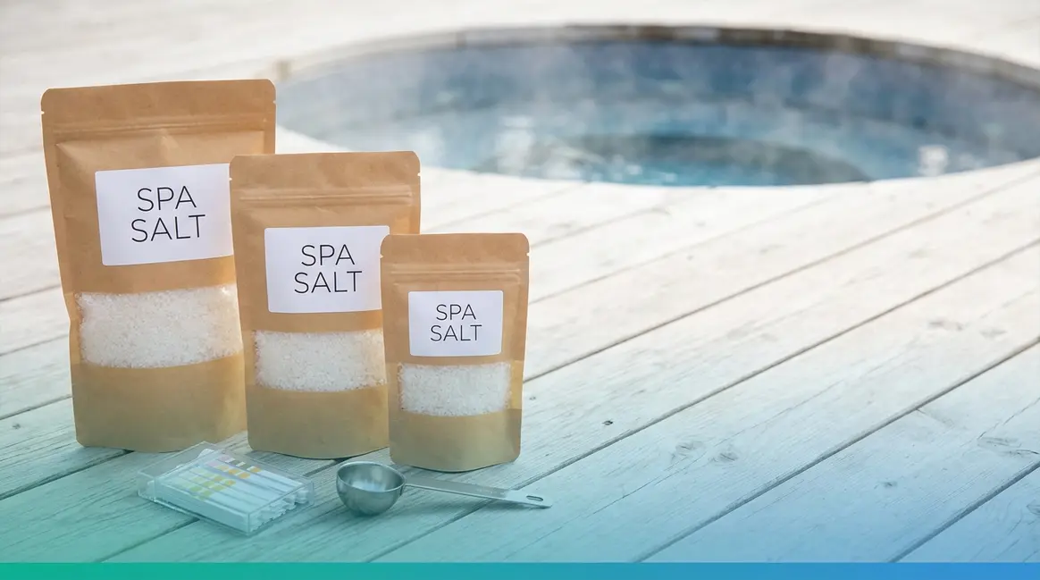 Best salt for hot tub — spa salt bags, test strips, and measuring scoop on a spa deck