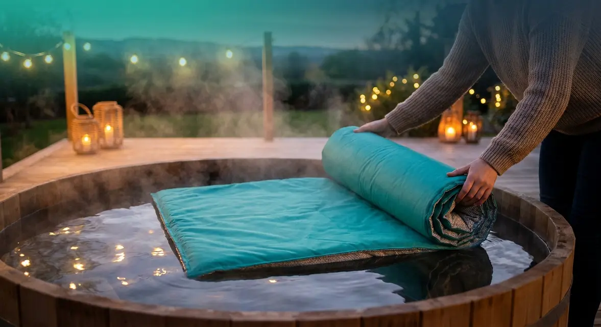 Best thermal blanket for hot tub being placed on steaming outdoor spa at dusk