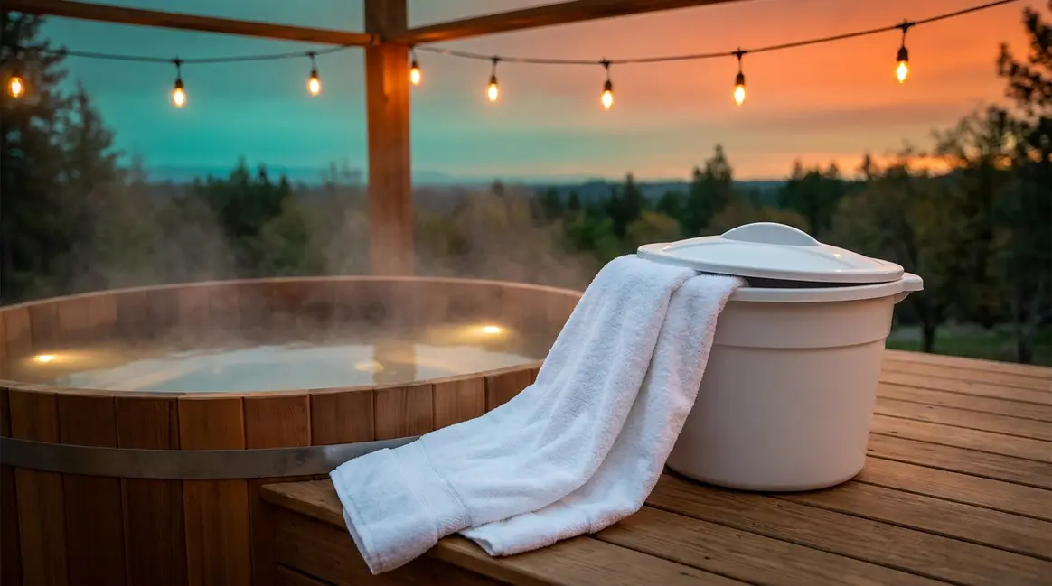 Best towel warmer for hot tubs sitting on outdoor deck beside steaming spa