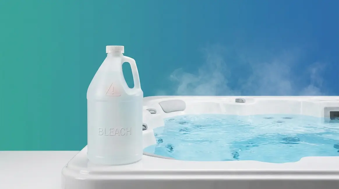 Can you put bleach in a hot tub — bleach bottle beside a steaming spa with caution symbol