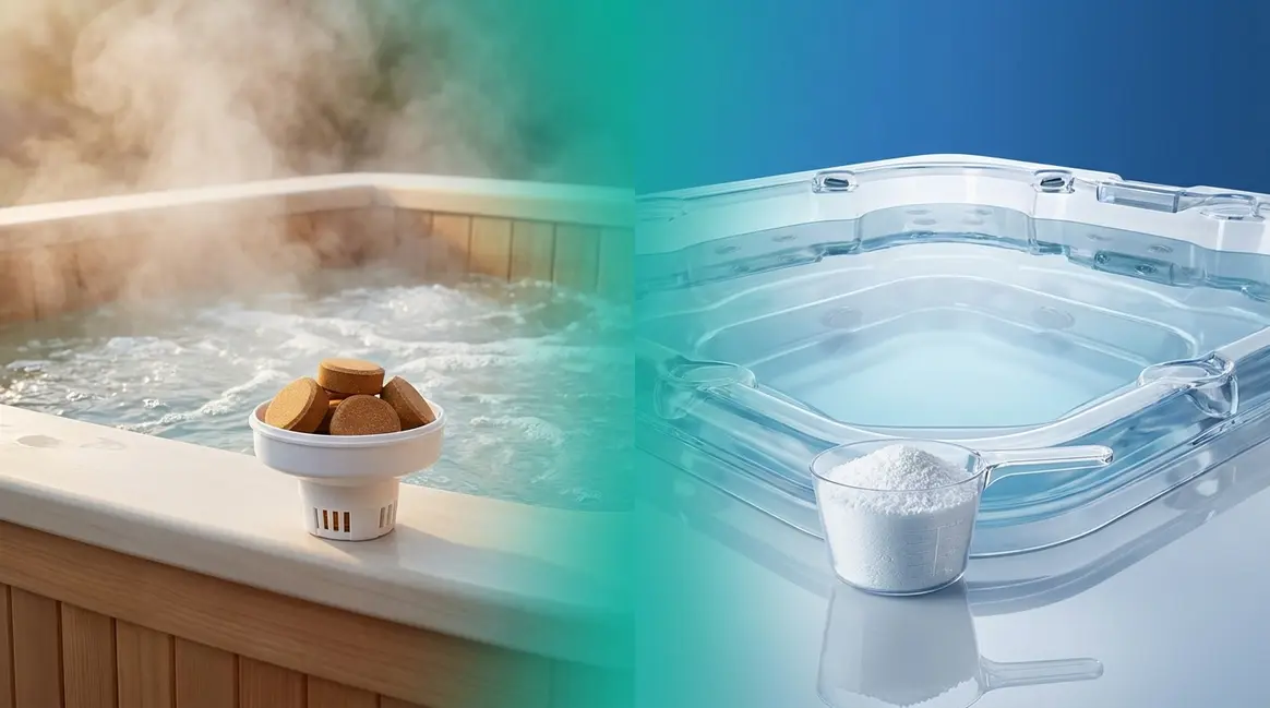 Bromine vs chlorine hot tub sanitizers compared side by side with floater and granules