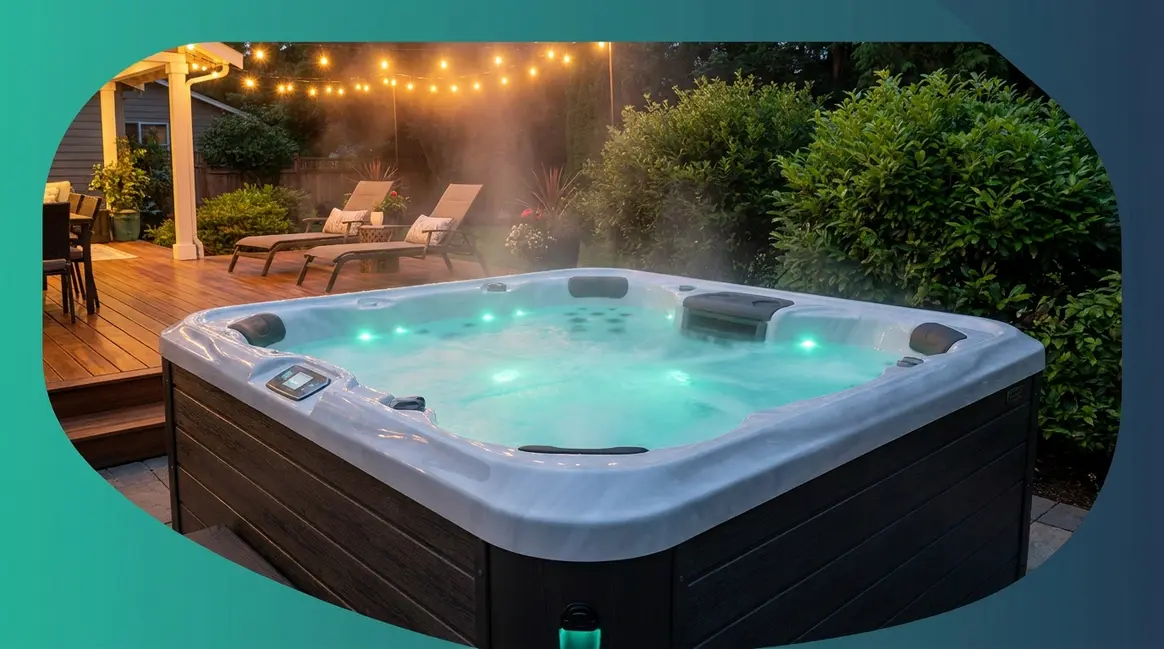 Bullfrog Spas R Series hot tub glowing with teal LED lights in a landscaped backyard patio at dusk