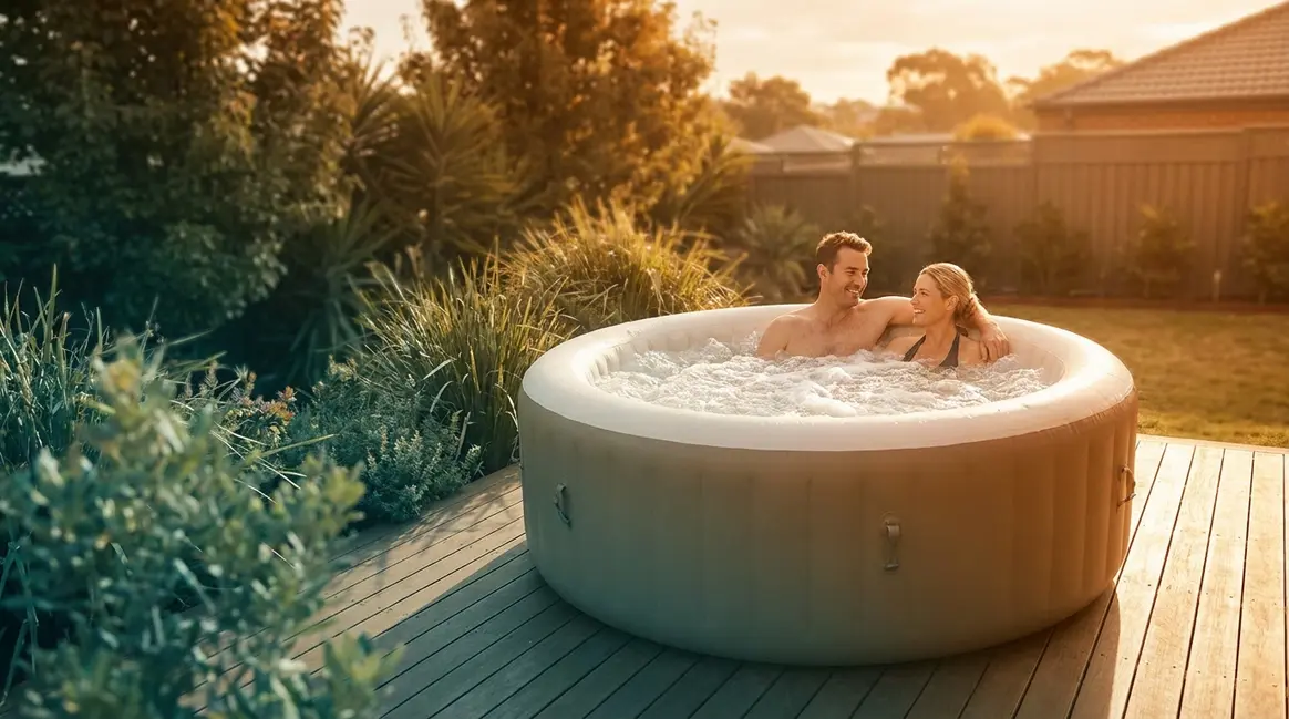 Couple relaxing in a cheap inflatable hot tub on a backyard deck with bubbling jets