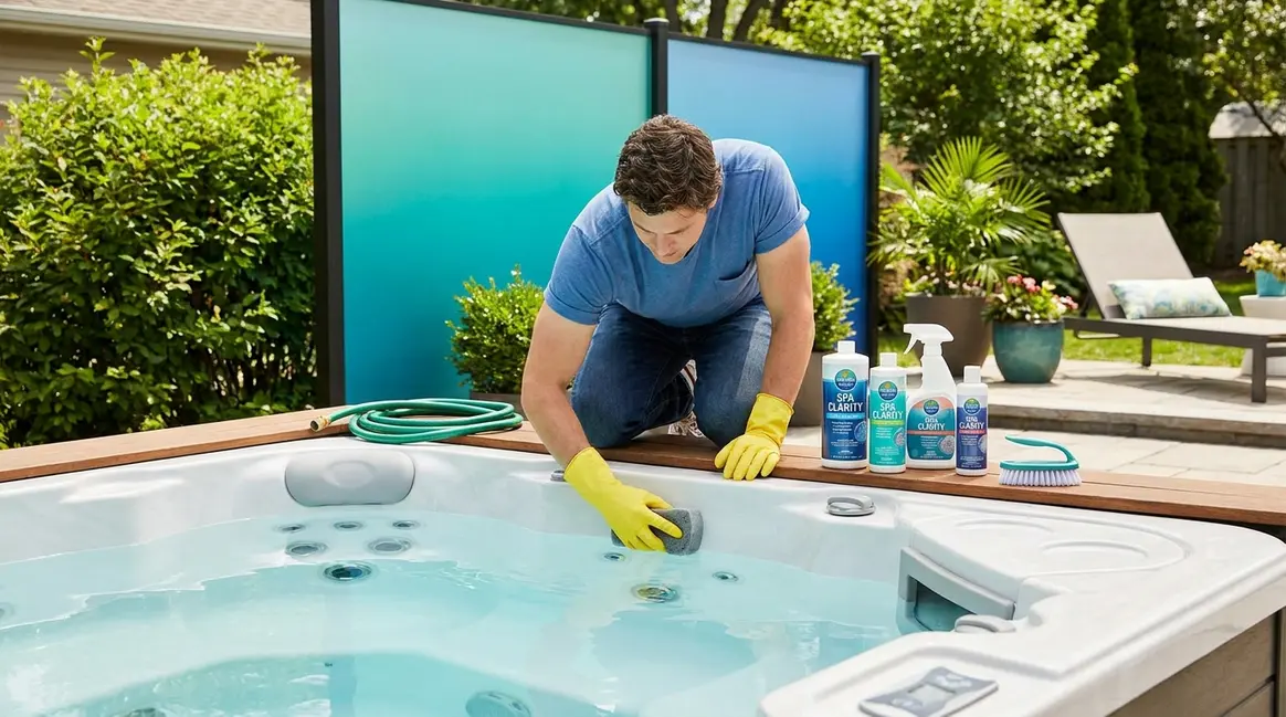 Person cleaning a hot tub without draining it using a sponge and spray bottle at the waterline