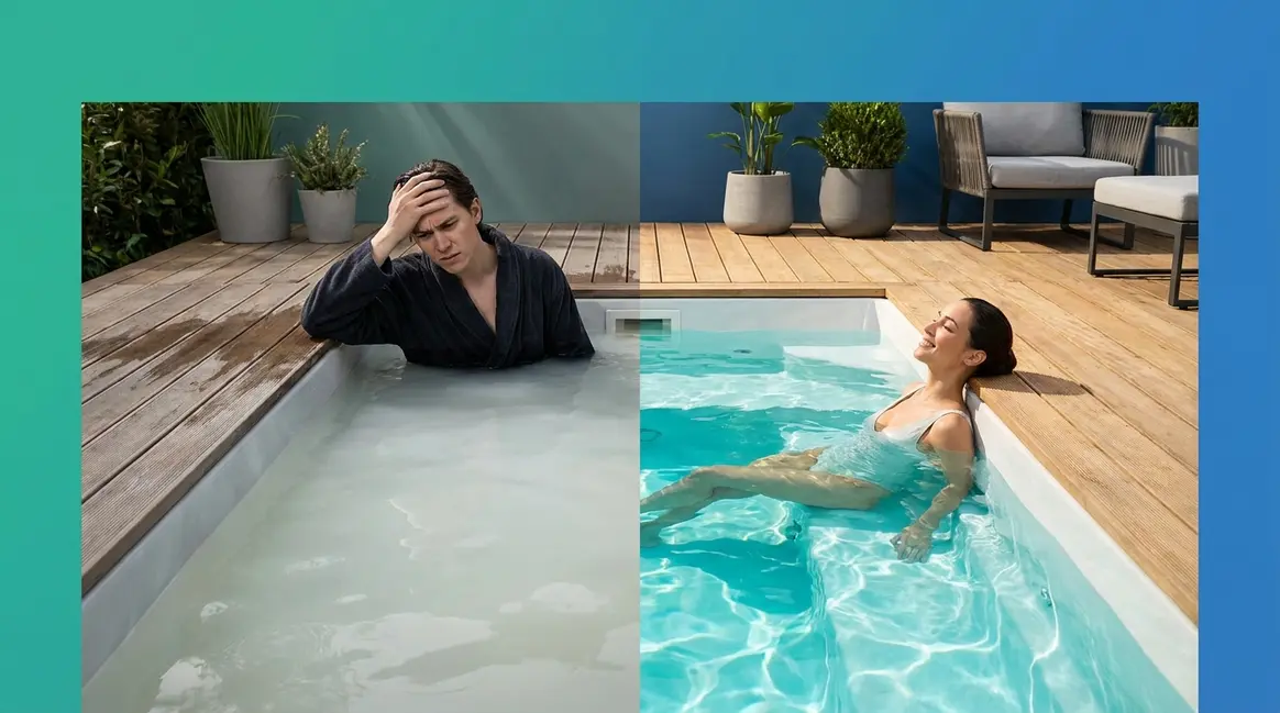 Cloudy hot tub water before and after fix showing crystal-clear restored water
