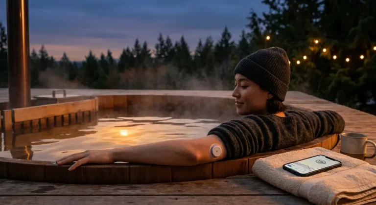Person in hot tub with Dexcom CGM sensor safely protected by overpatch on upper arm