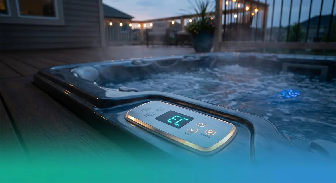 EC error on hot tub control panel display showing Economy Mode code in teal LED digits