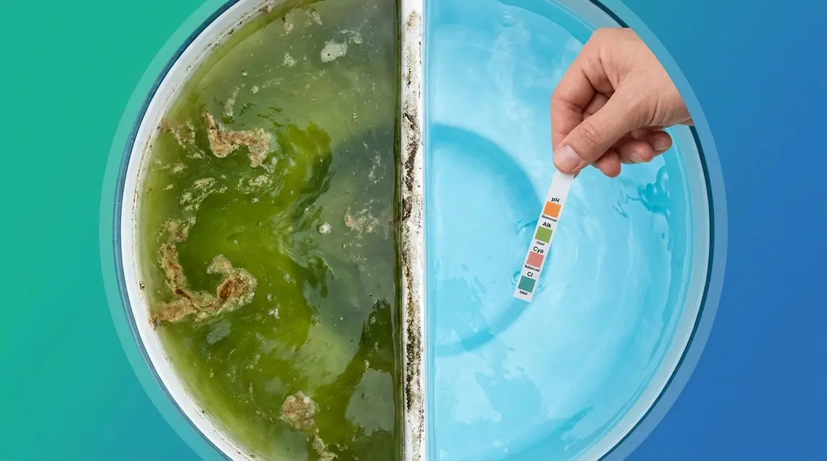 Green hot tub water before and after fix showing murky algae water versus crystal clear treated water