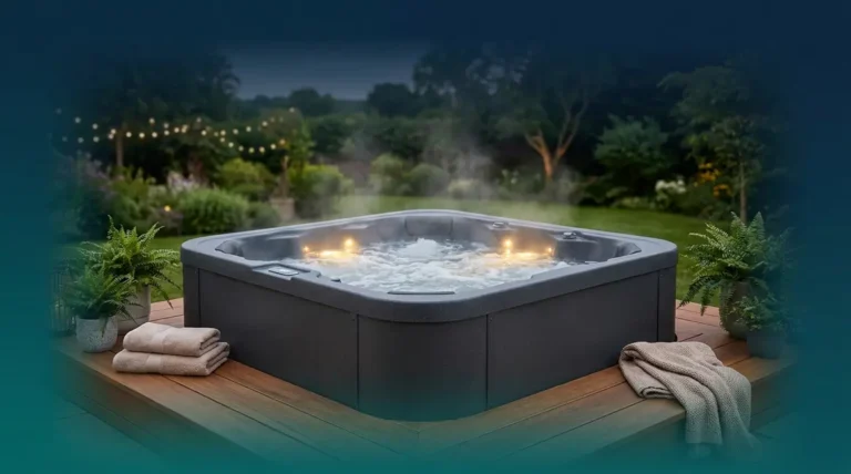 Foam hot tub on a wooden deck with steam rising from warm water
