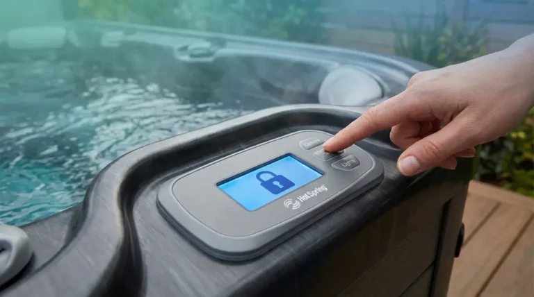 Home 2 How to unlock Hot Spring hot tub panel showing padlock icon on Highlife Limelight topside control display