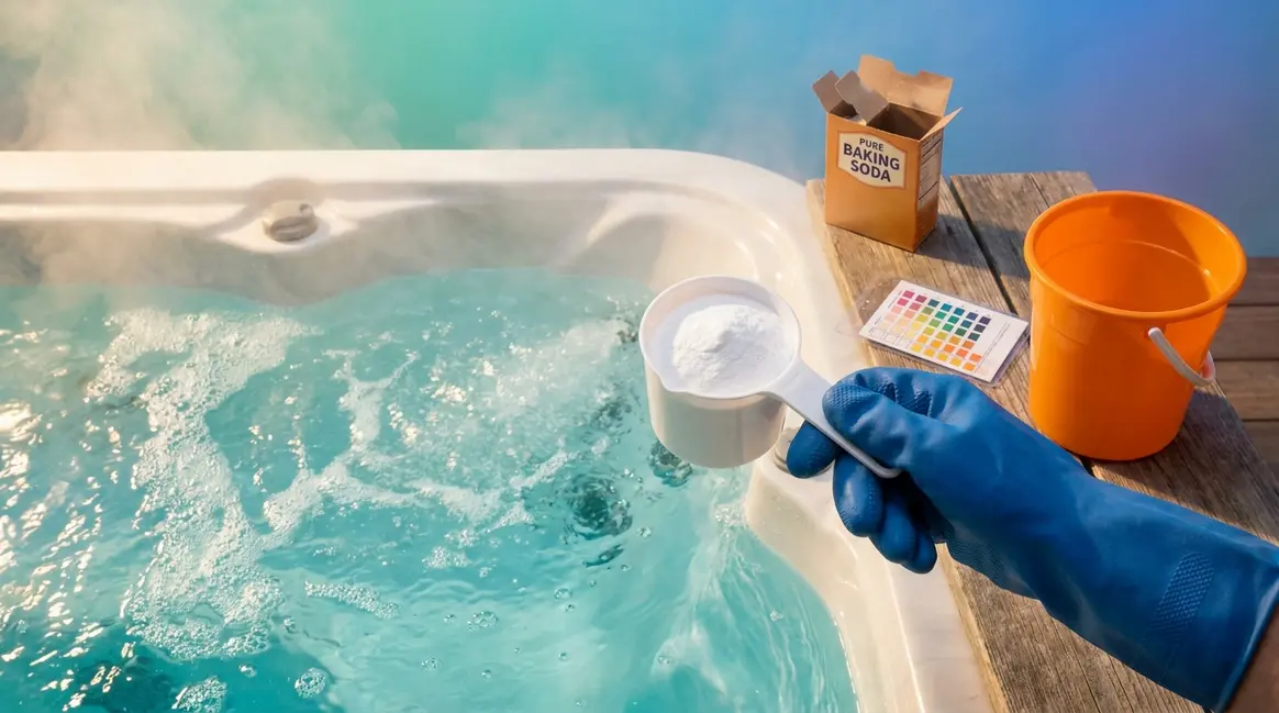 How to raise alkalinity in a hot tub using baking soda with test strips and measuring tools on deck