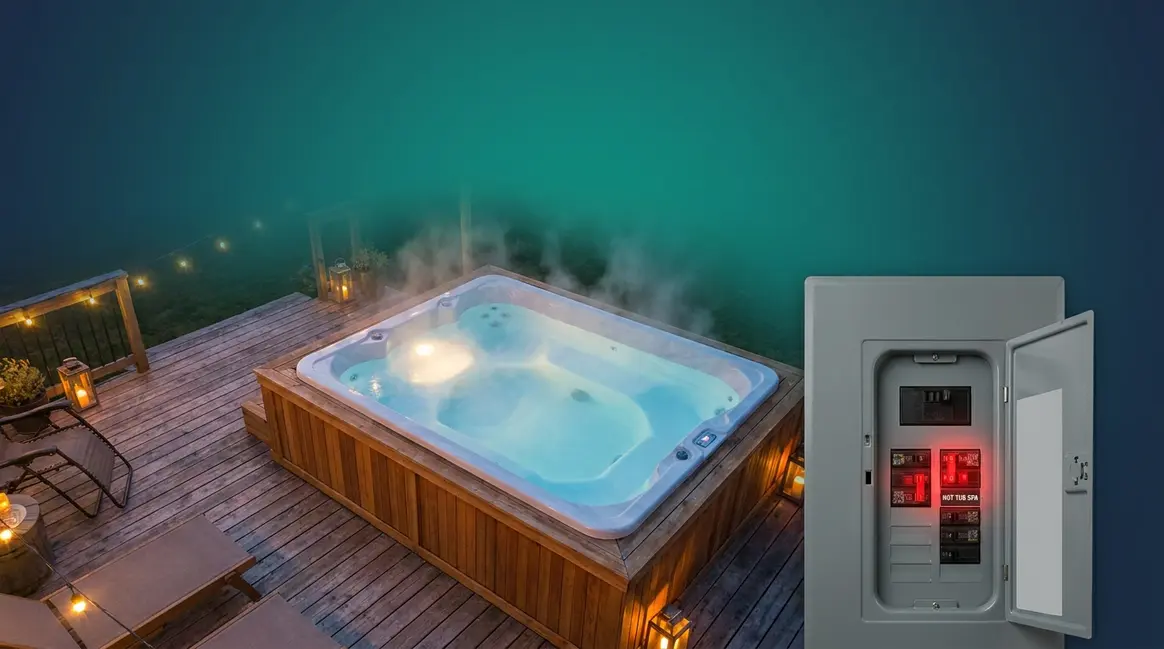 How many amps does a hot tub use — outdoor spa with residential electrical panel showing 50-amp GFCI breaker