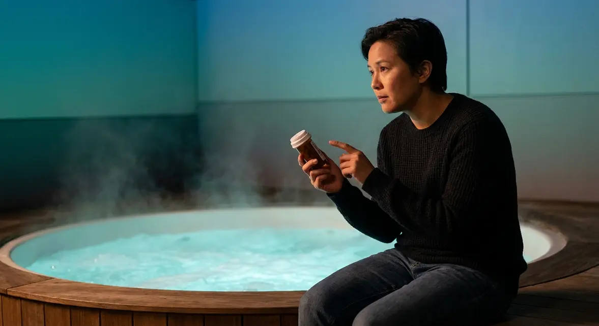 Person holding antibiotics beside a steaming hot tub considering safety risks