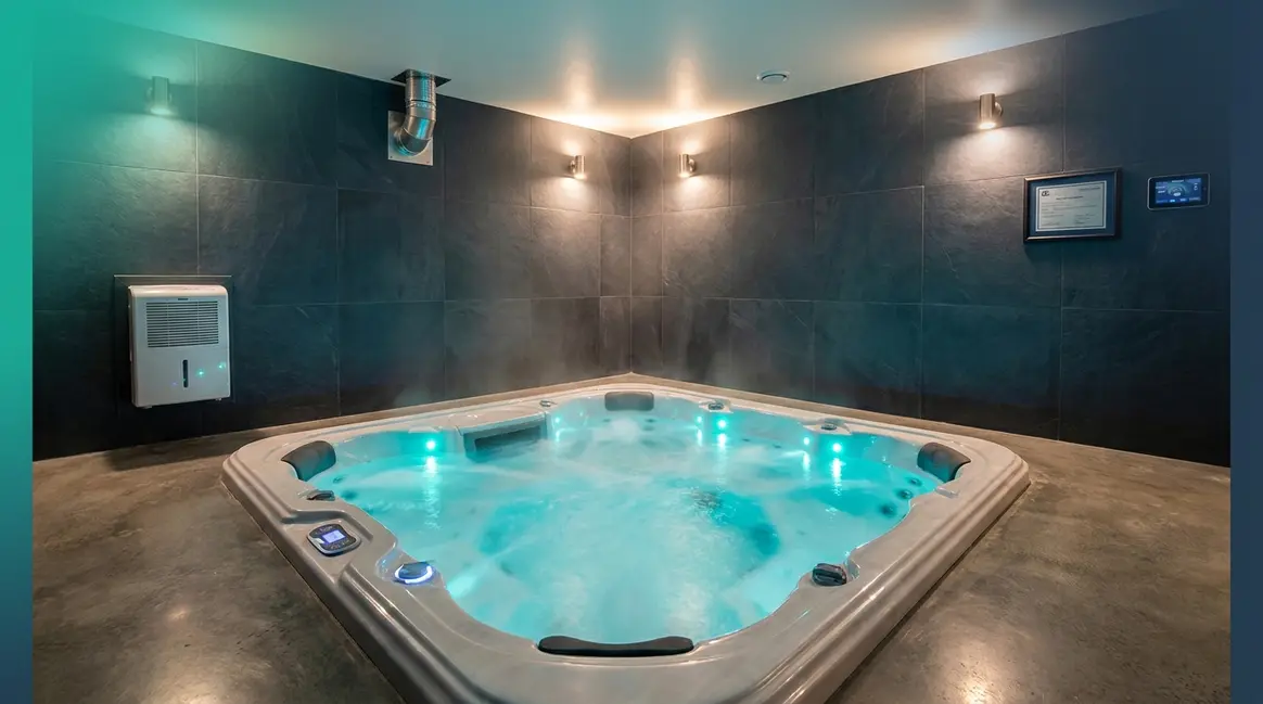 Hot tub in basement installation guide showing completed spa room with tiled walls and ventilation