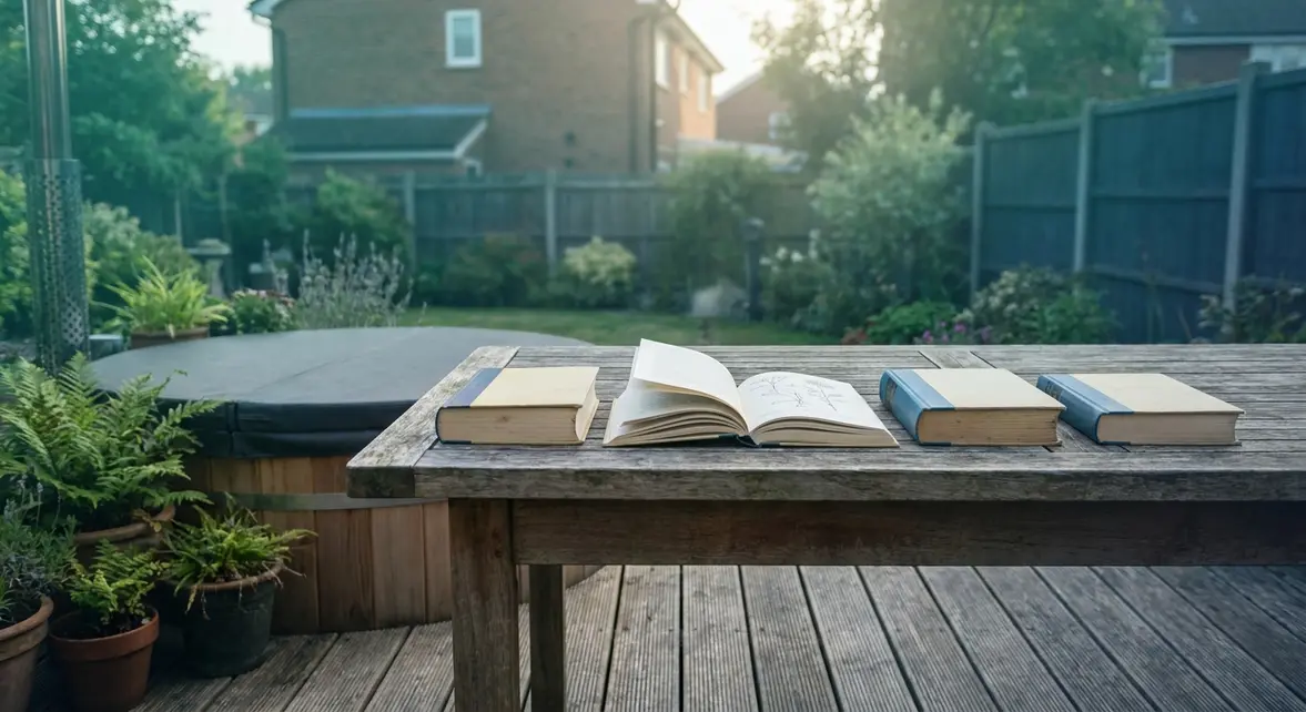 Small hot tubs UK buying guide books arranged on garden table beside a hot tub