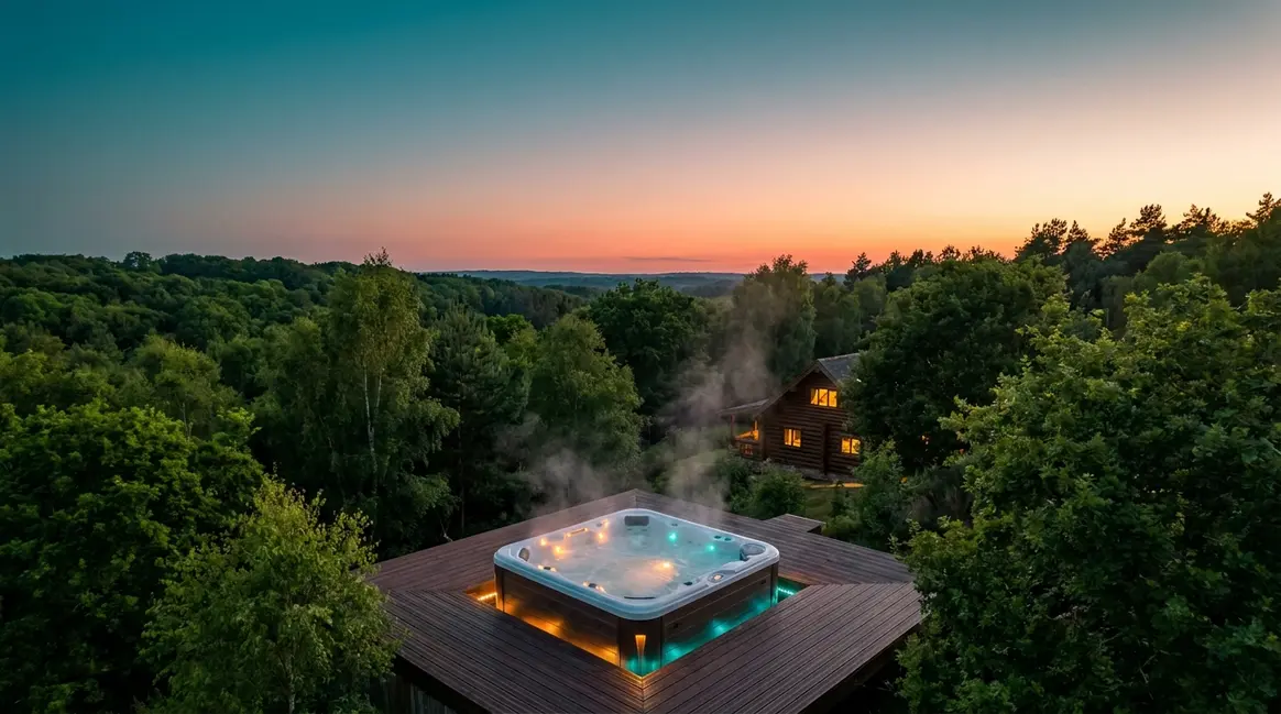Private hot tub on a wooden deck at a UK log cabin break surrounded by forest