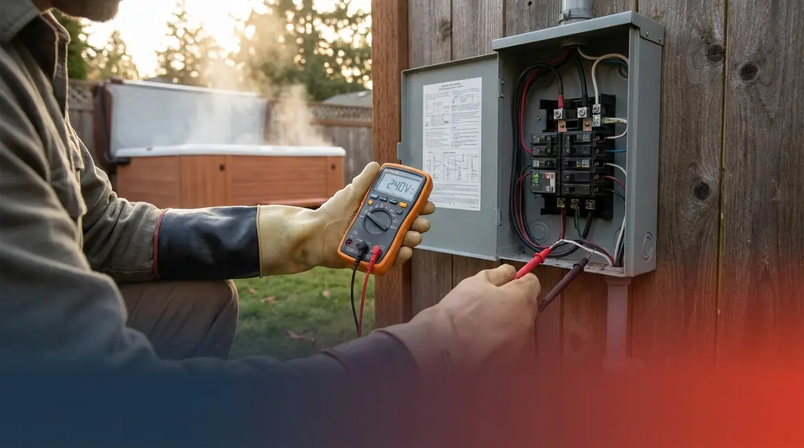 Homeowner testing a hot tub GFCI circuit breaker with a digital multimeter in a sub panel
