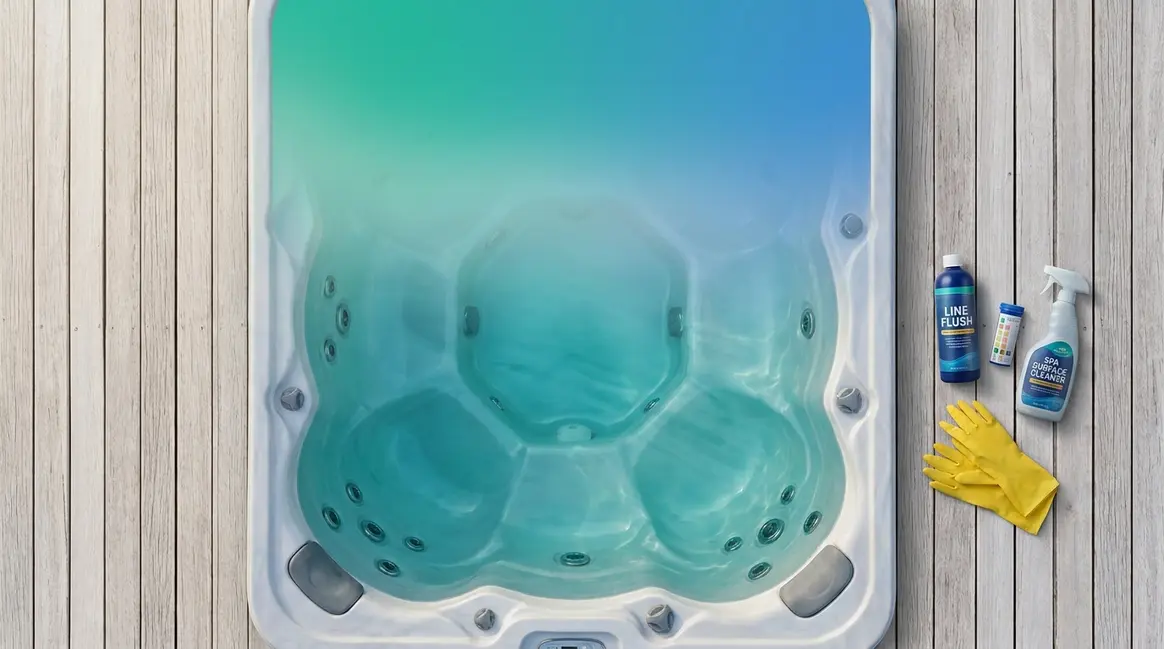Complete hot tub cleaning guide showing sparkling clean tub with supplies on wooden deck