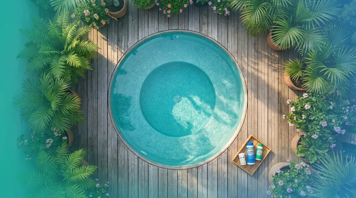 Hot tub cleanliness guide — clear blue spa water with test strips and chemical bottles on wood deck