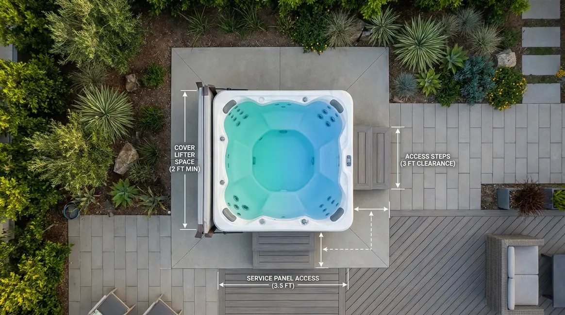 Hot tub dimensions guide showing a backyard spa installation with clearance zones and space planning measurements