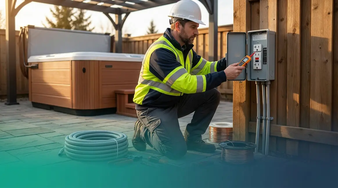 Licensed electrician completing hot tub electrical installation with GFCI spa panel outdoors