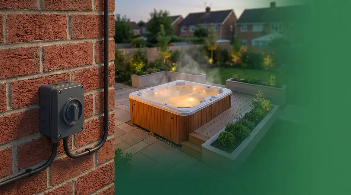 Hot tub electrical requirements UK showing outdoor rotary isolator and SWA cable installation in garden