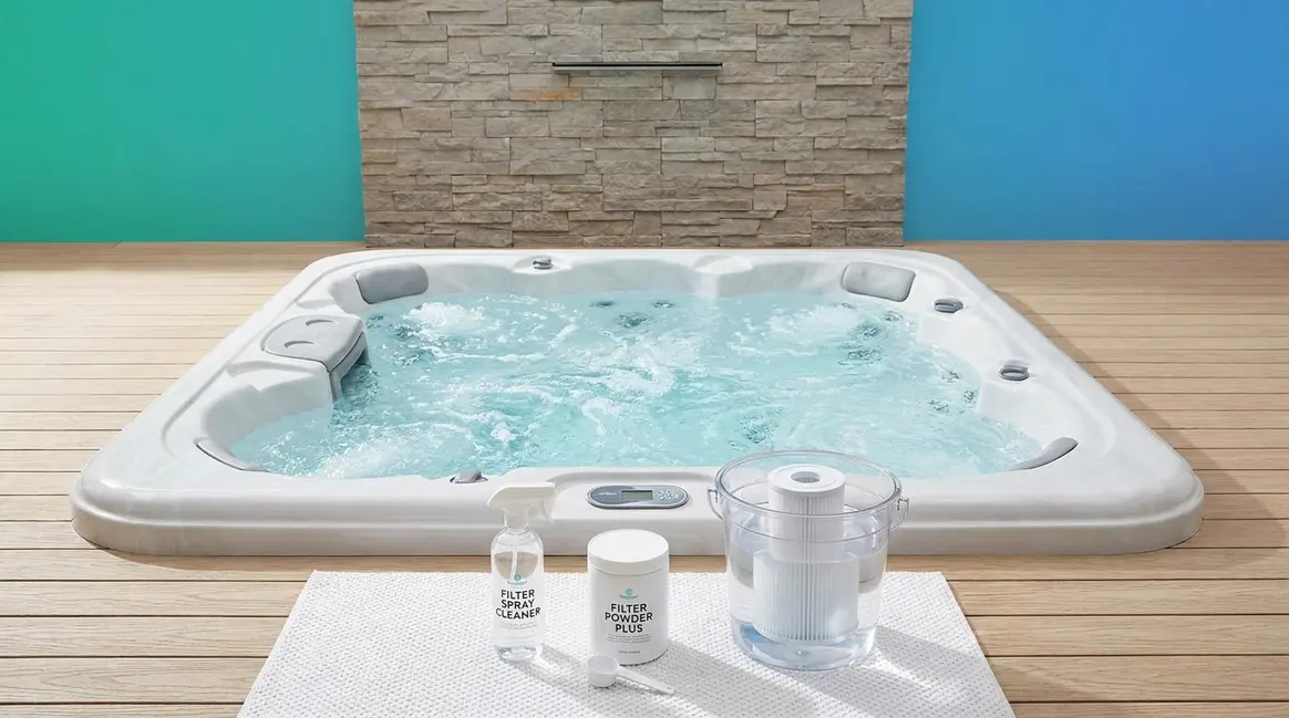 Best hot tub filter cleaner comparison showing spray, soak, and powder cleaning products beside a clean spa filter cartridge