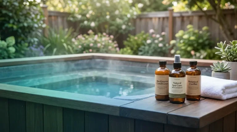 Hot tub folliculitis prevention — clean spa water with enzyme treatment products on tub ledge