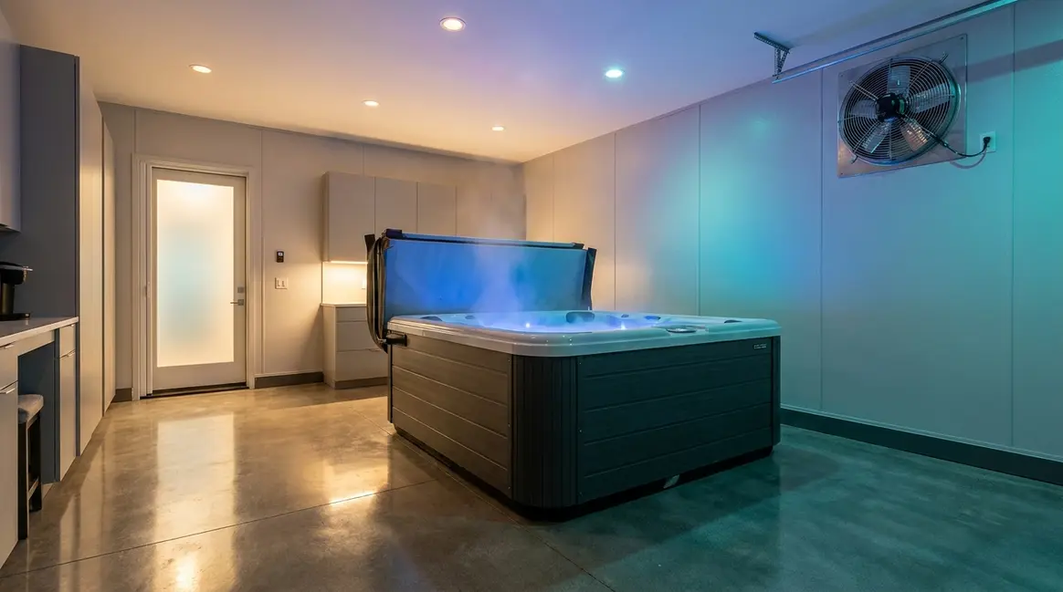 Hot tub installed in a clean modern garage with exhaust ventilation and finished walls