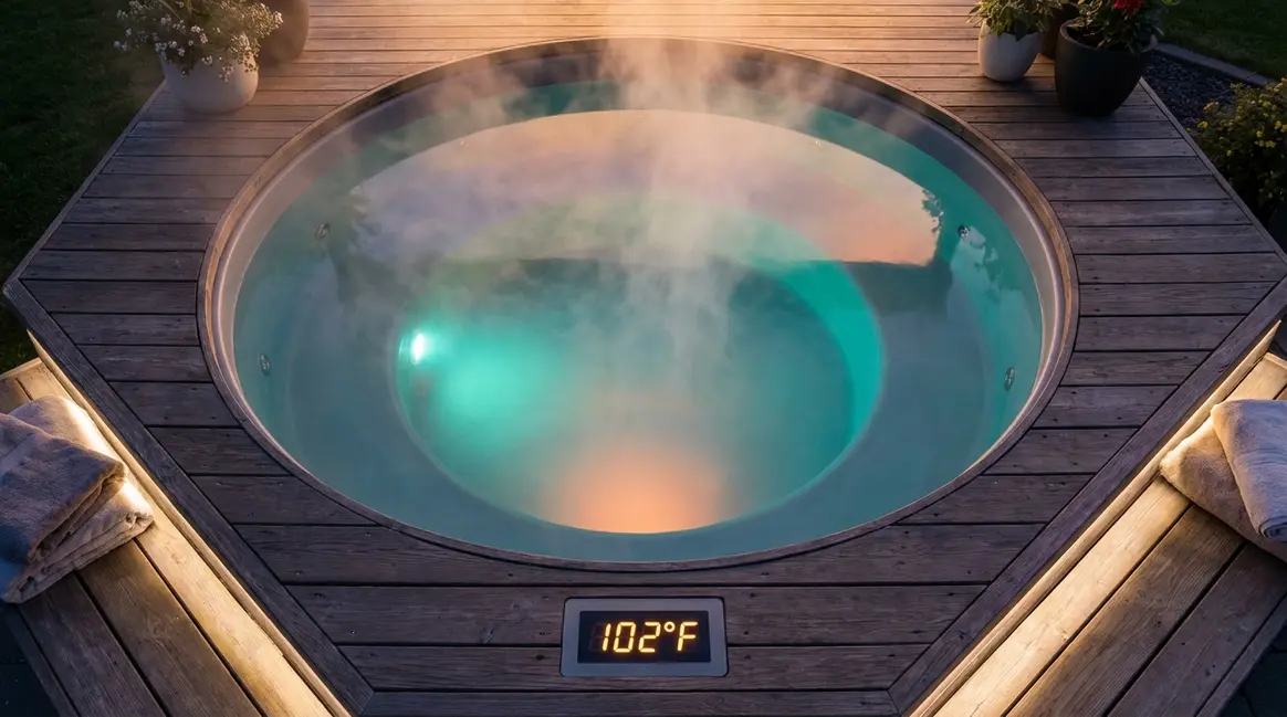 How long does a hot tub take to heat up — steaming outdoor spa at 102°F