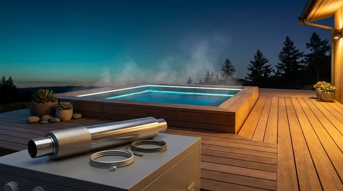 Outdoor hot tub with steam rising at dusk beside a replacement heater component on a wooden deck