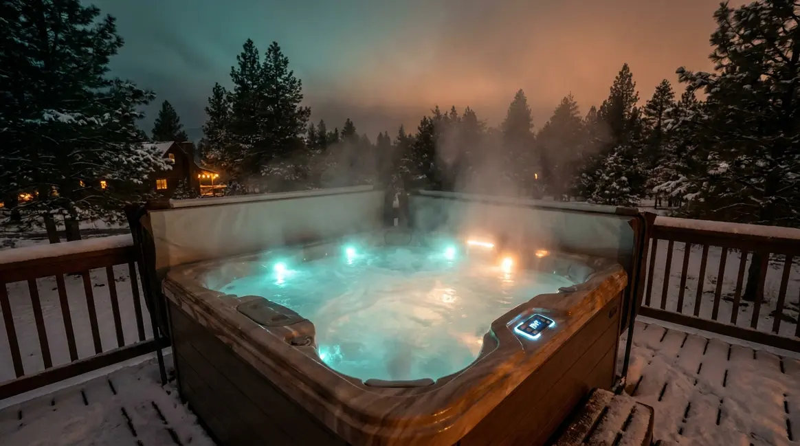 Steaming outdoor hot tub at night showing 104°F temperature limit on control panel