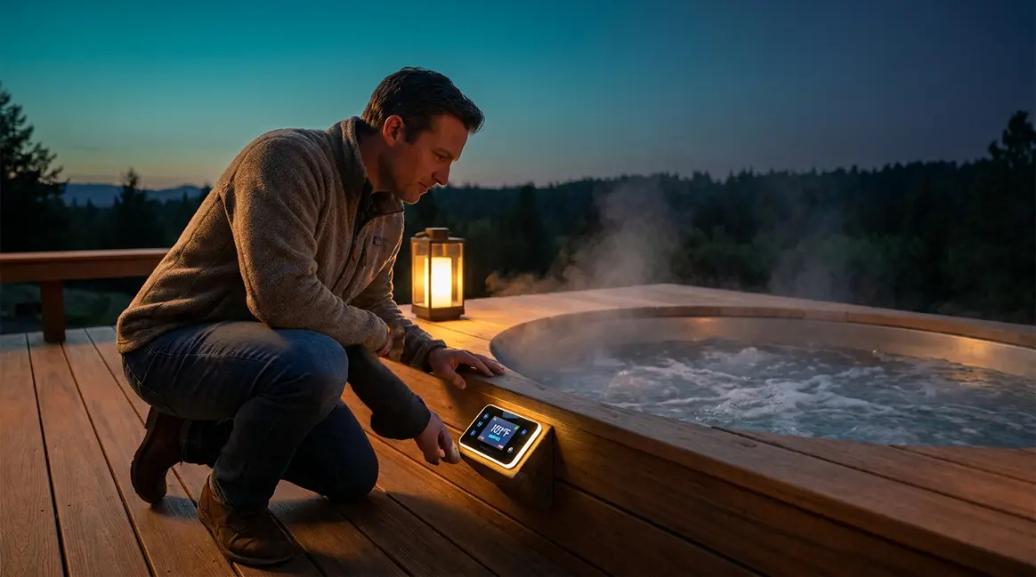 Homeowner troubleshooting a hot tub not heating up by checking the control panel display