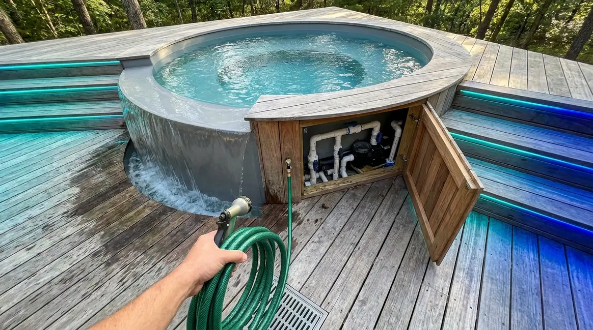 Hot tub overflowing fix guide showing water spilling over the shell rim onto a wooden deck