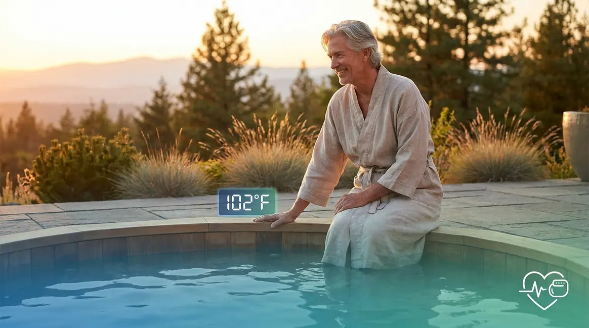 Person safely using a hot tub with a pacemaker following cardiologist-approved temperature guidelines