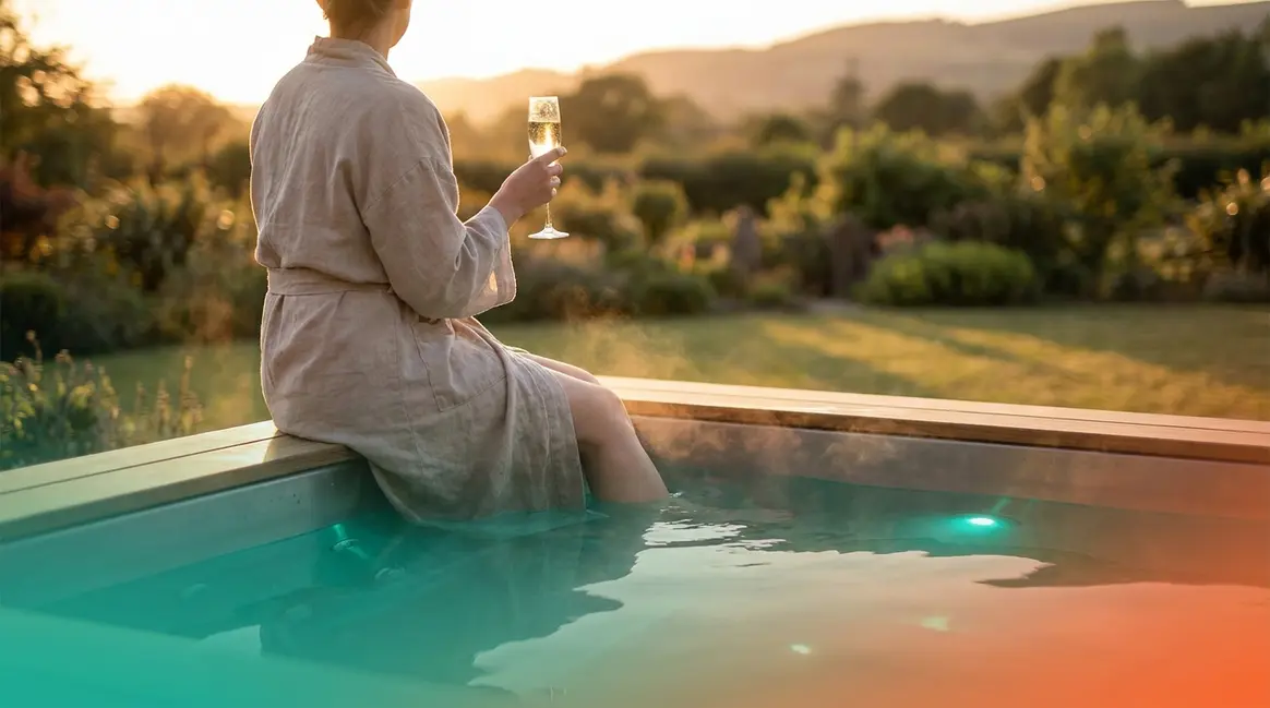 Hot tub poses for photos showing person on tub rim with champagne glass at golden hour