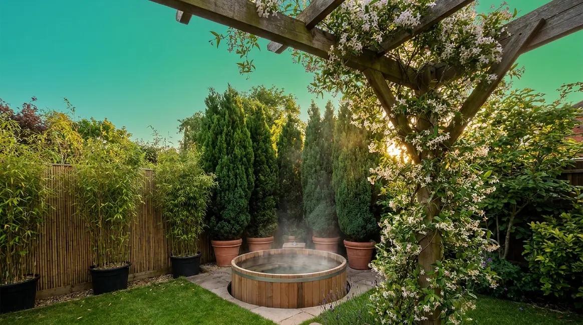 Hot tub privacy ideas UK garden showing bamboo screens, potted trees, and timber pergola layers