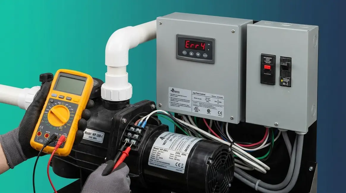 Hot tub pump equipment bay showing pump, spa pack, and multimeter for cycling diagnosis fix
