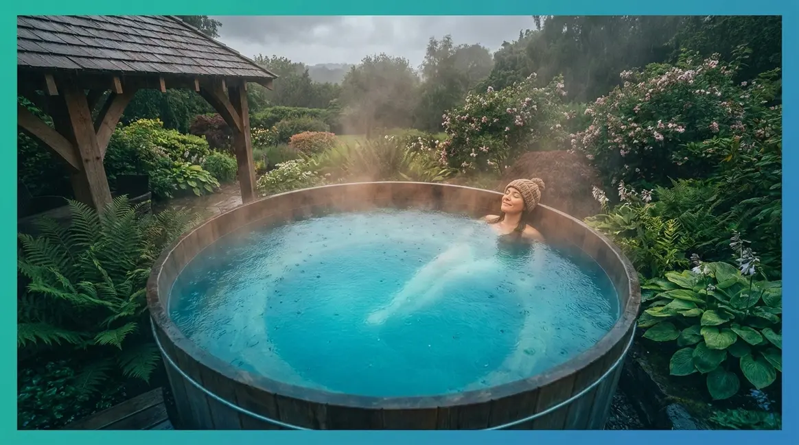 Person relaxing safely in a steaming outdoor hot tub during light rainfall in a garden