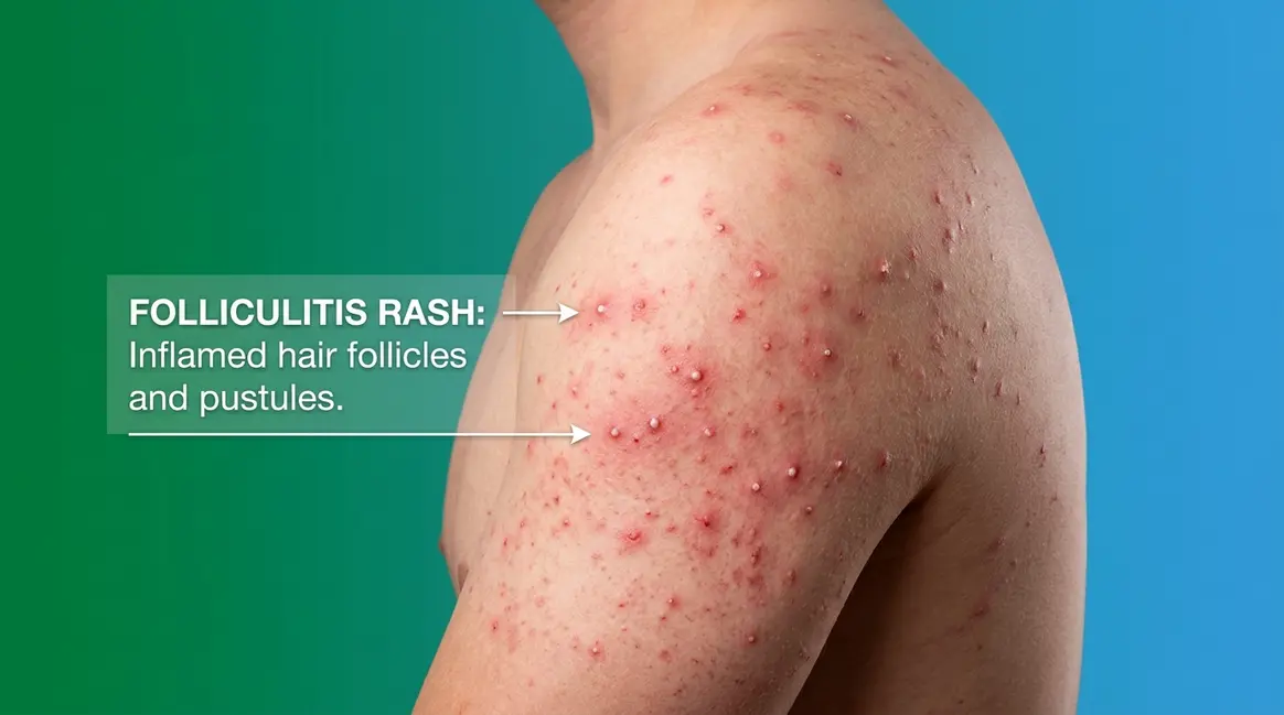 Hot tub rash symptoms and treatment guide showing red inflamed folliculitis bumps on skin