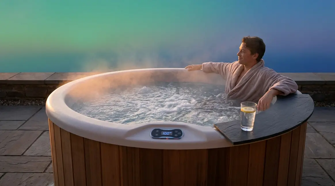 How long should you stay in a hot tub — adult soaking safely with temperature display visible